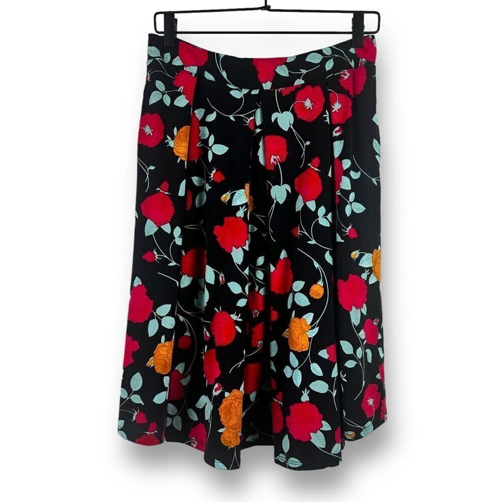 LuLaRoe‎ Women's M Rose Print Box Pleat Midi Skirt Red Orange Modest Twee Office